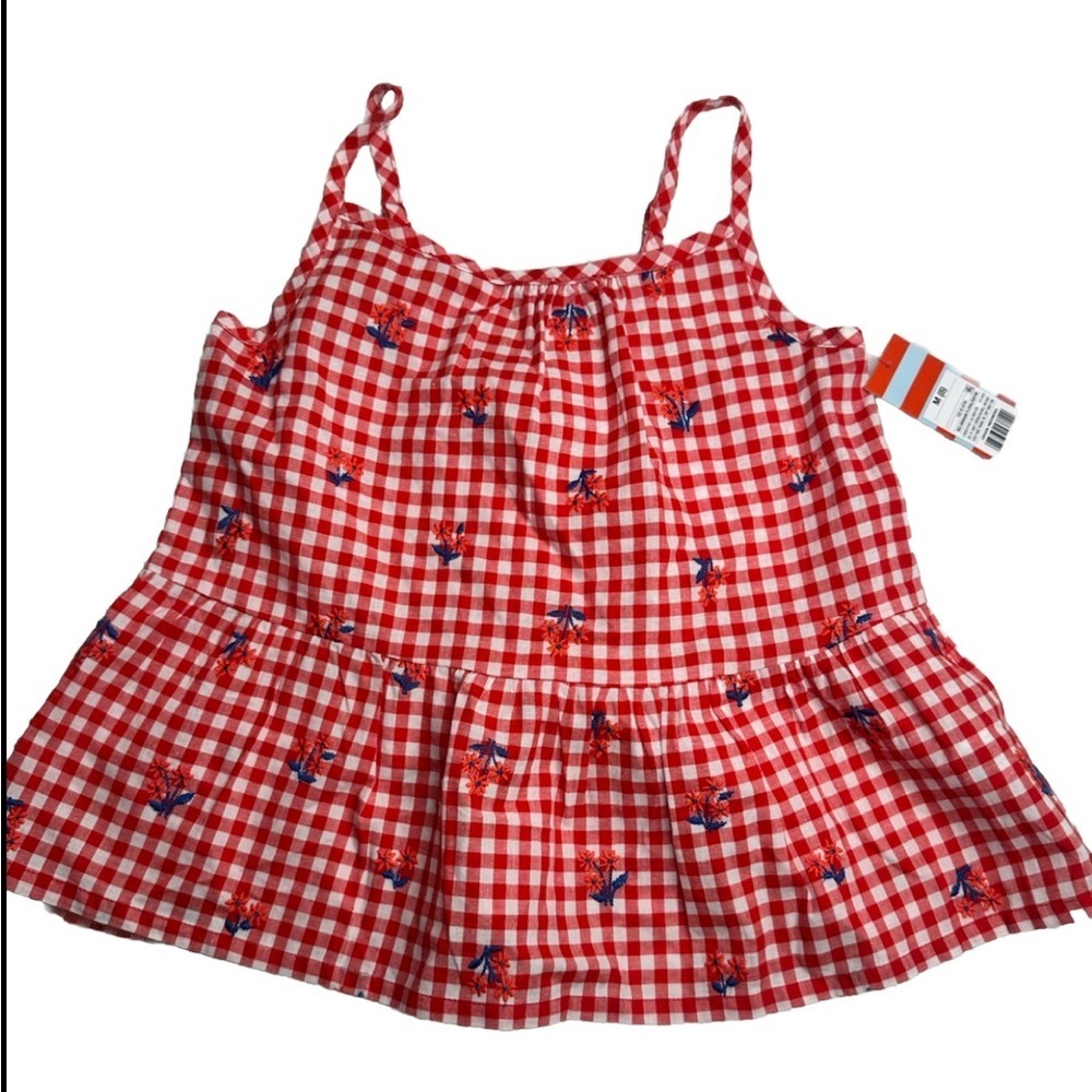 Cat & Jack  Girls Size M(8) Pleated Embroidered Flowers 4th Of July  Red Gingham